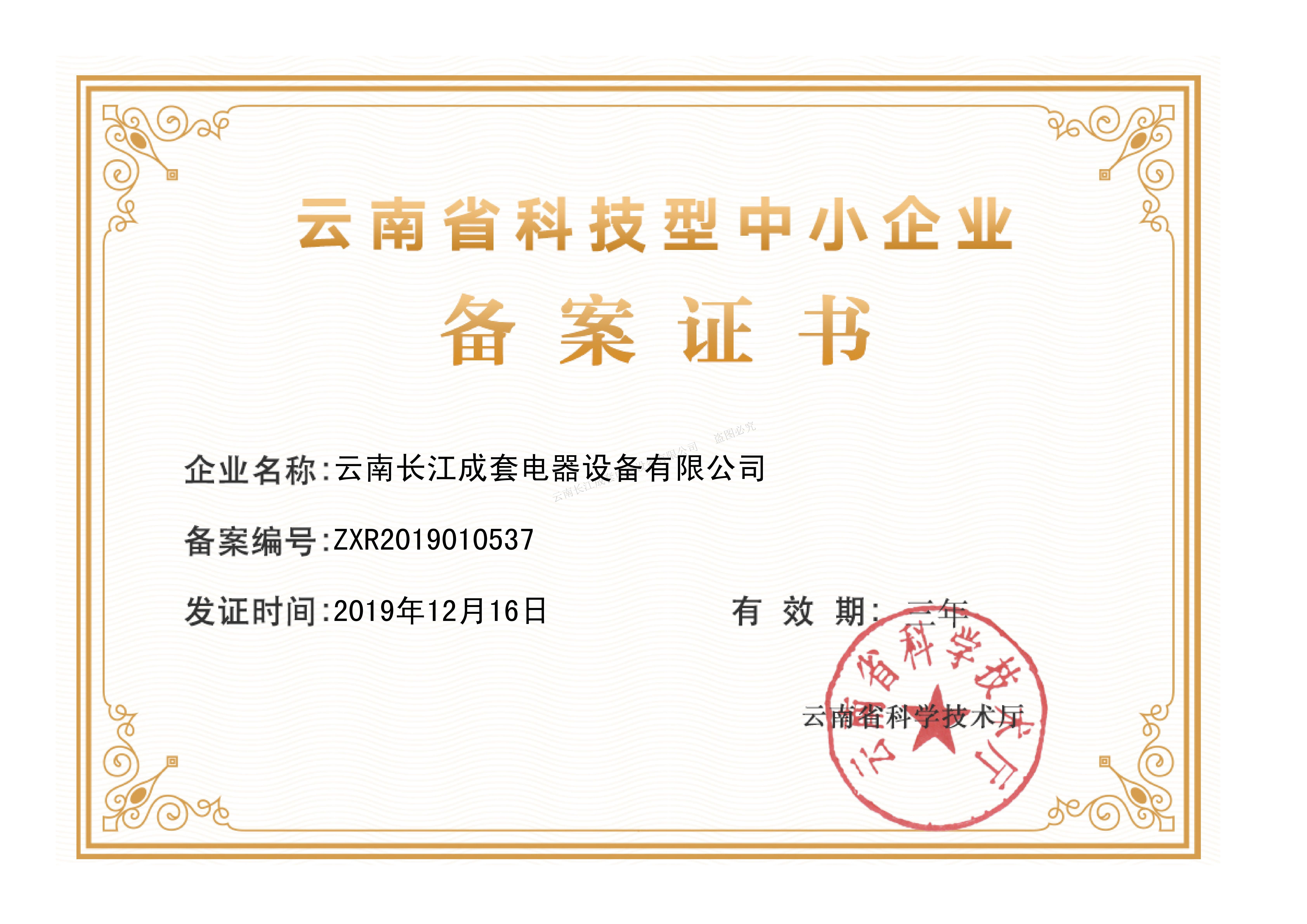 云南長江成套電器設(shè)備有限公司備案證書